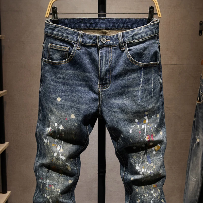 

Street Designer Fashion Men Jeans High Quality Retro Blue Stretch Slim Fit Splashed Ripped Jeans Men Y2K Vintage Denim Pants
