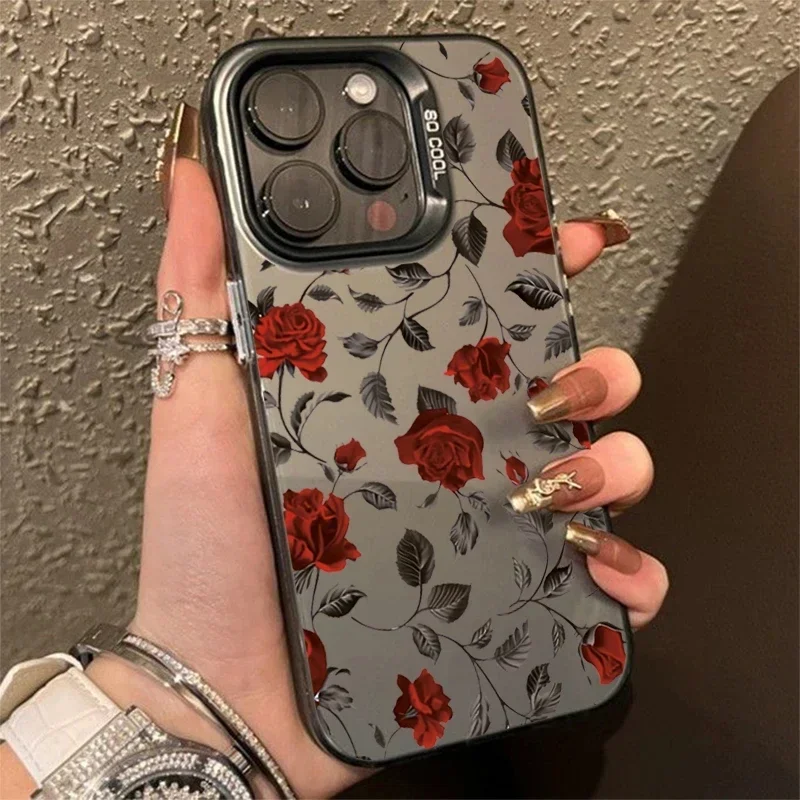 Retro Fashion Red Rose Matte Laser Phone Case For iPhone 15 14 13 12 11 Pro Max XS X XR 7 8 Plus Silver Plated Inside Cover