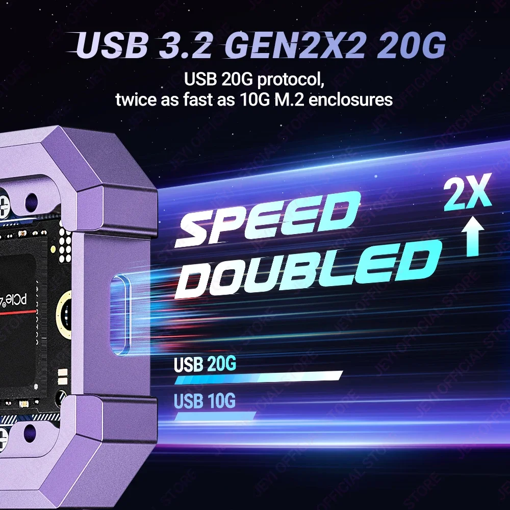 JEYI 20Gbps RGB M.2 NVMe SSD Gabinete, USB 3.2 GEN2x2 Suporte UASP Trim, capacidade de 4 TB, caixa de liga de alumínio, chip 9220 PCIe NVMe