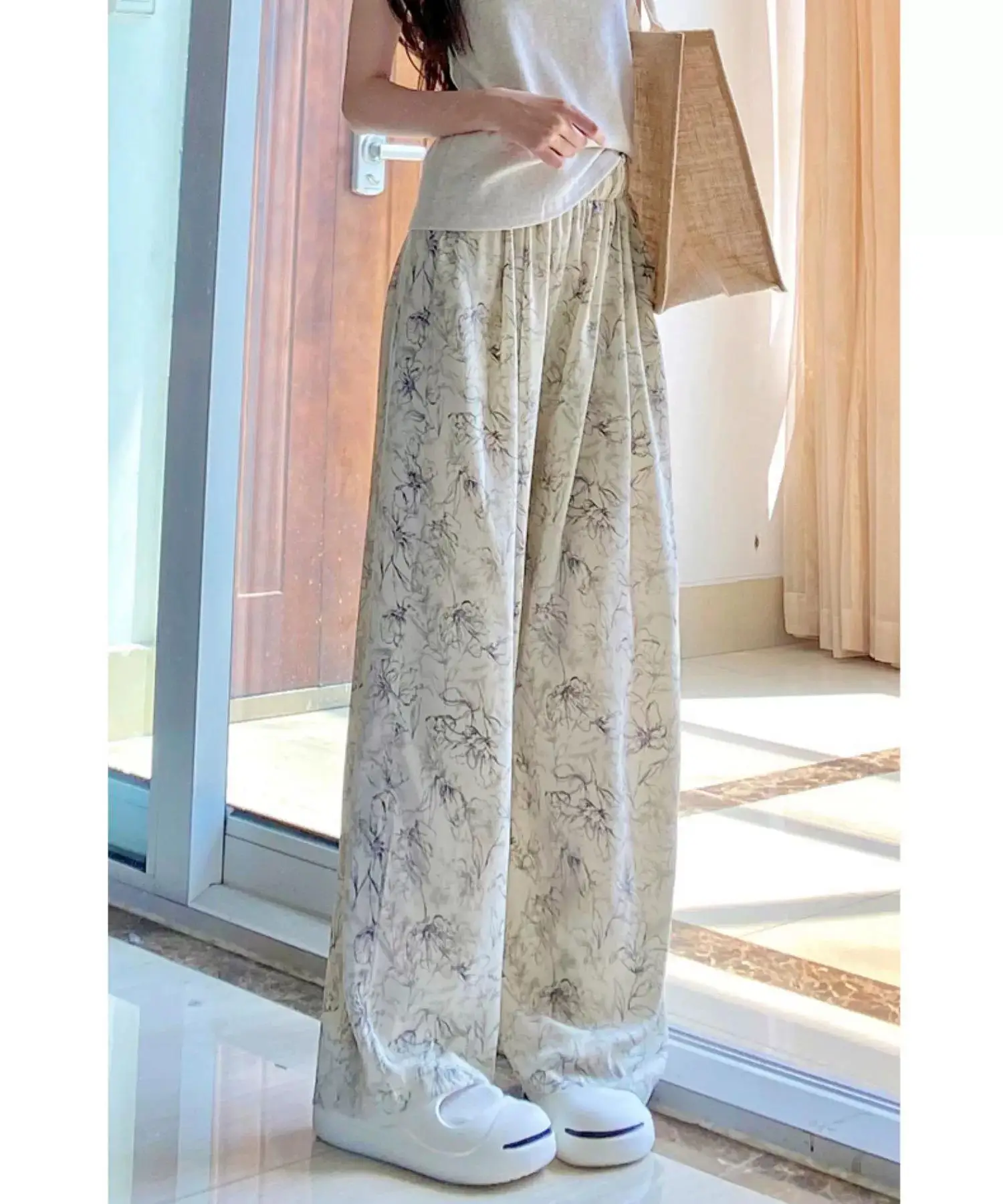 Ice Silk Chinese Style Shui Ink Printed Retro Wide Leg Pants For Women\'s Summer New Loose High Waist Draping Straight Tube Cool