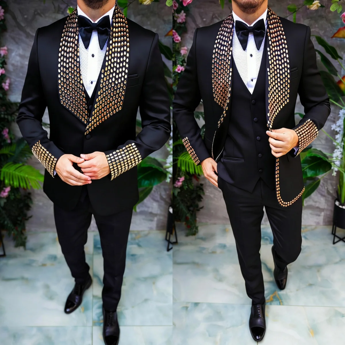 Fashion Rhinestone Wedding Suits For Groom Shawl Lapel Single Breasted Tuxedos 3 Pcs Jacket Pants Vest Party Prom Customized