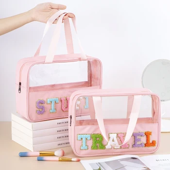 Half Clear Pink Cosmetic Bag with Chenille STUFF TRAVEL Patches Large Clear Make up Bag Zipper Pouch with Handle for Beach
