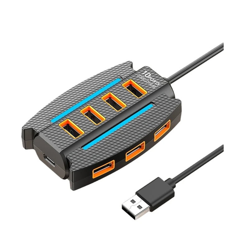 1.2 M USB Hub 10 Port USB 2.0 Splitter Card Reader USB Expander for Laptop PC Keyboard Mouse Hard Disk Flash Drive Black-A82Z
