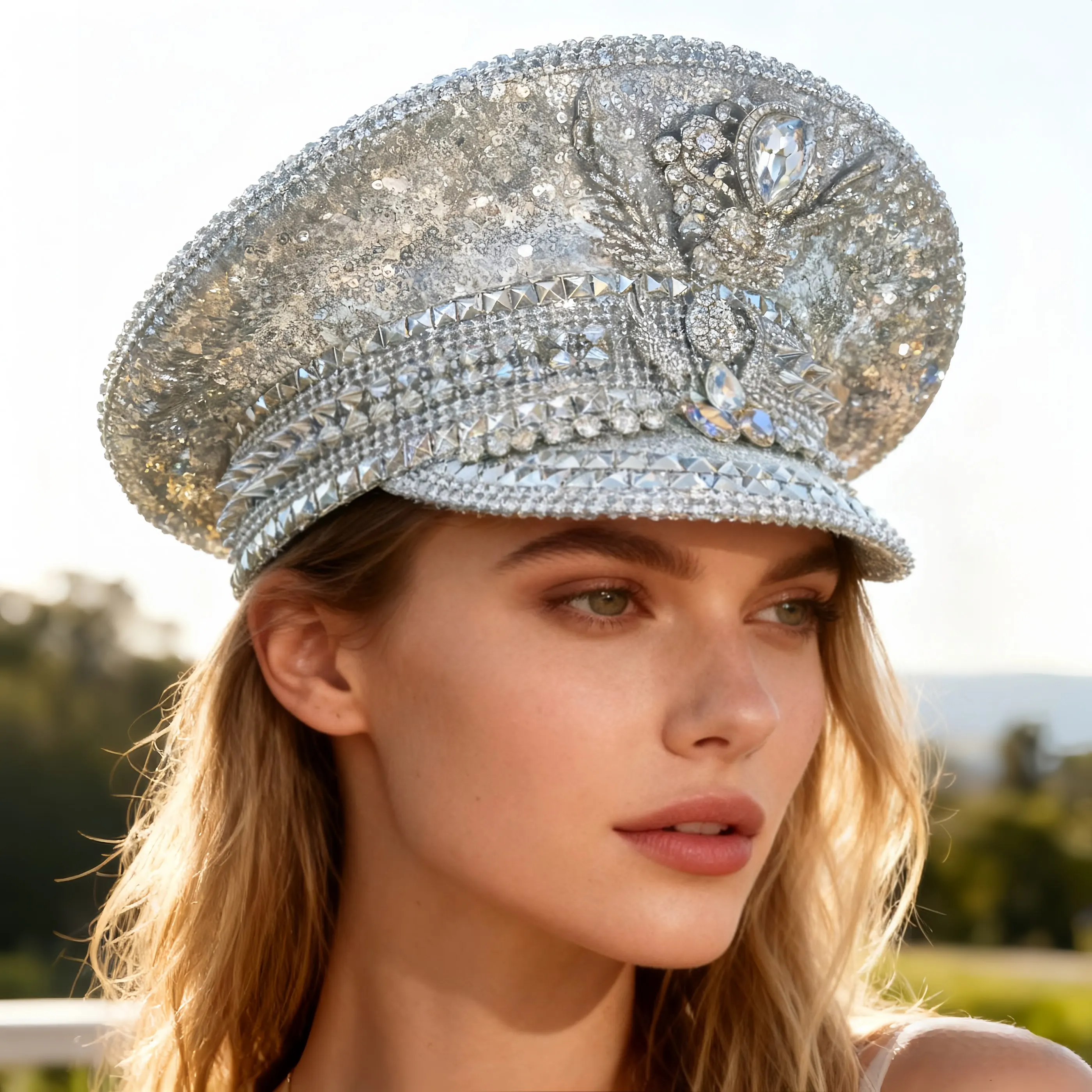 HongLuan Chapéu de capitão com laço de couro amarelo laser strass e bonés militares para mulheres, acessórios para festivais rave e boné de festa masculino