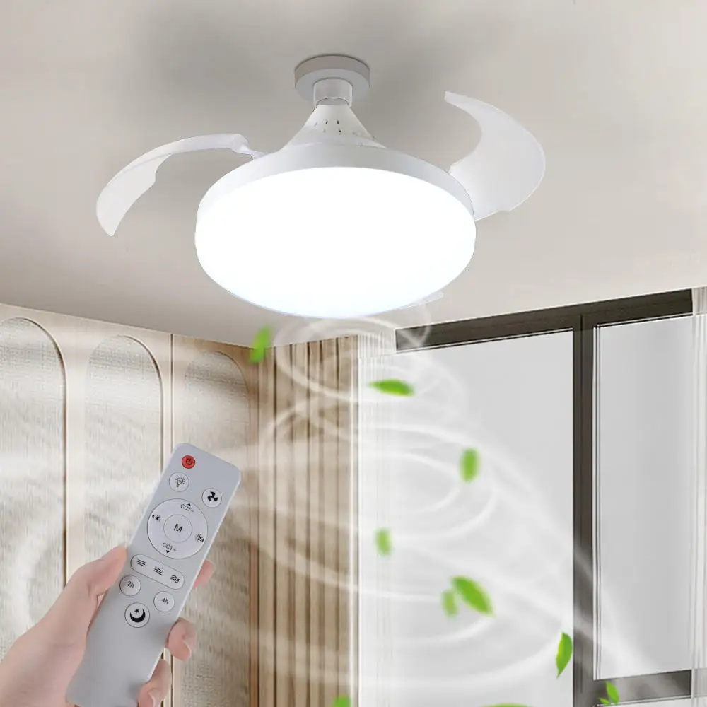 LED Fan Light Hanging Invisible Ceiling Fan Light E27 Screw Mute Remote Control  Dimmable Light For Living Room Bedroom Light