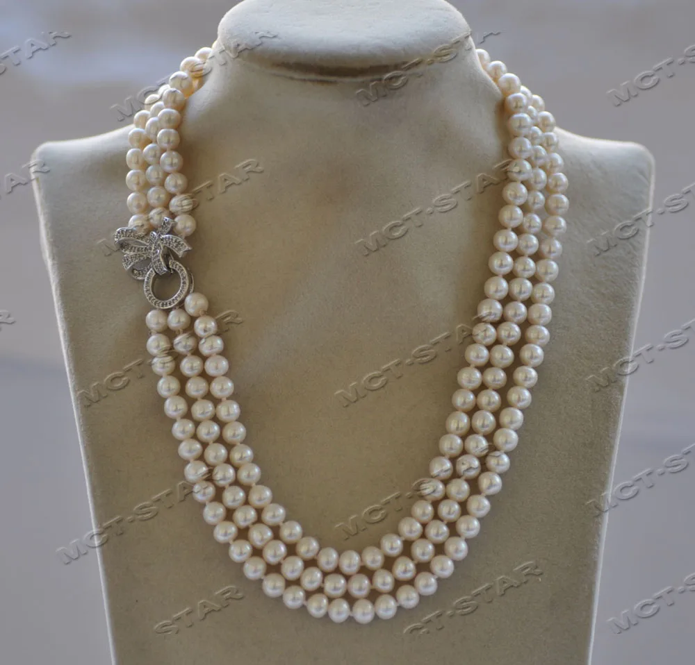 MTC·STAR 3-Row 8mm White round Freshwater Pearl Necklace with Bowknot And CZ Detail (Z12714)