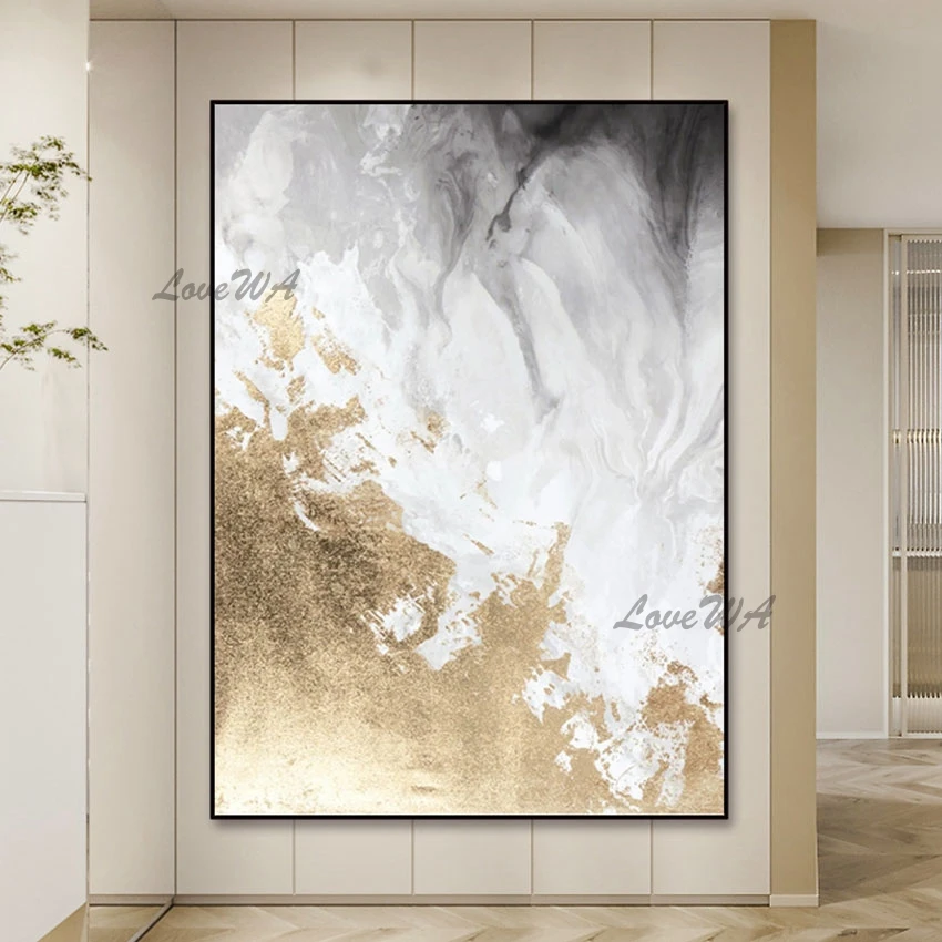 White Acrylic Artwork Abstract Unframed Gold Foil Textured Oil Paintings Modern Office Wall Decor Picture Canvas Roll Art Mural