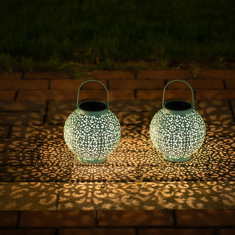 LED Solar Lantern Lamp Round Hollow-out Iron Art Light Projection Light  Waterproof Outdoor Decoration For Garden Yard Patio