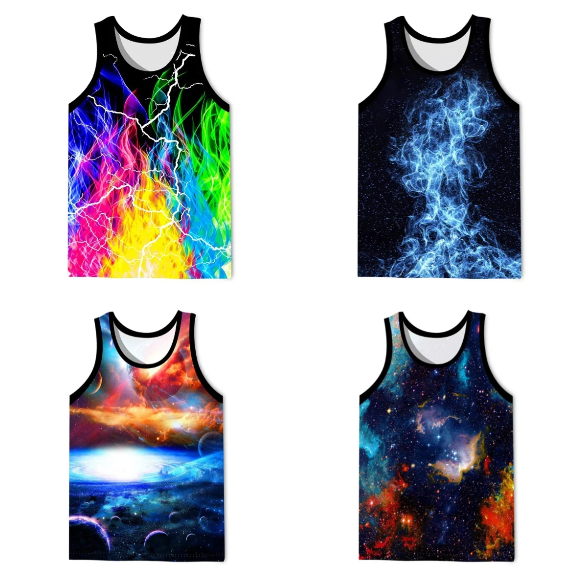 Men's and Women's Summer 3D Color Flame Lightning Universe Starry Sky Print Basketball Fitness Sleeveless Sports Vest
