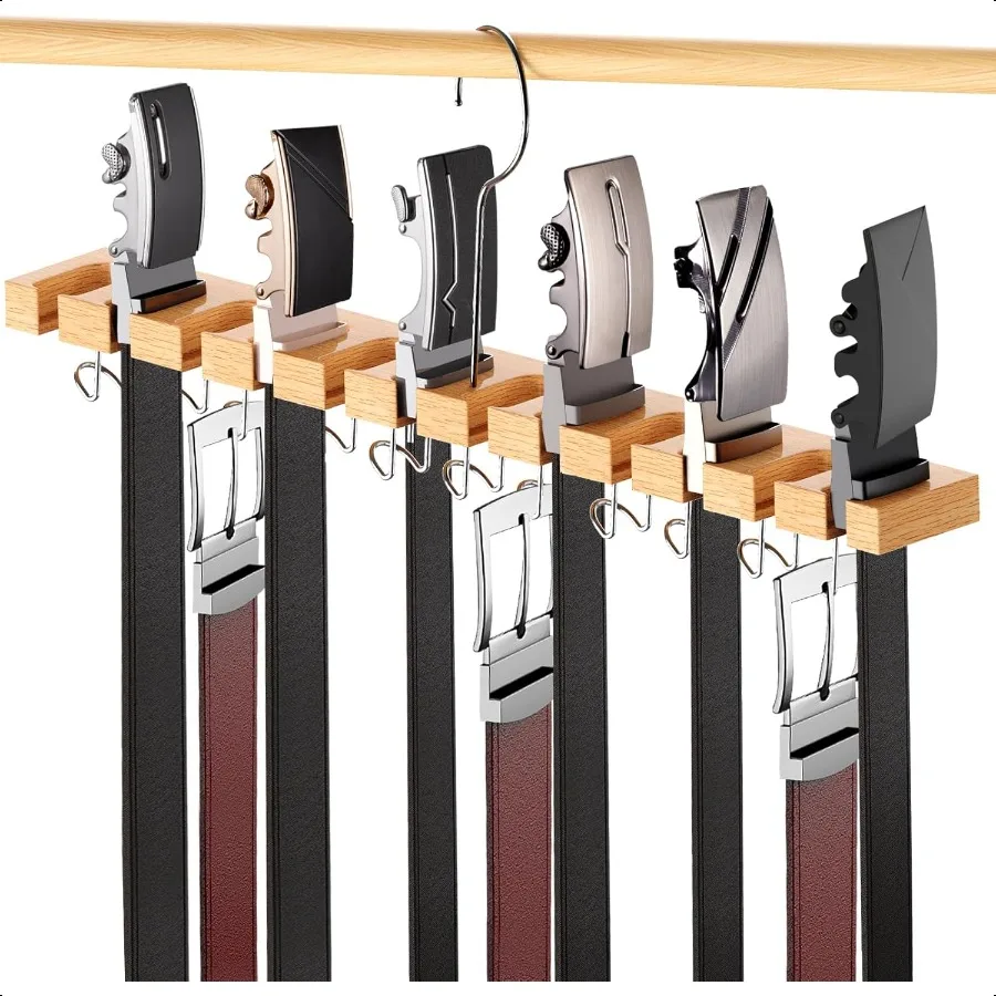 

Belt Hanger for Closet Max 42 Belts 2in1 Wall Mount Belt Organizer with 360 Rotating Hooks Wooden Tie and Belt Rack for Closet