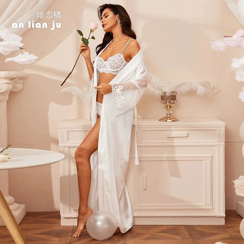 

Sexy Nightwear Women's Mesh Lace Sleeve Bathrobe Bride Wedding Dressing Gown Homewear Lady Silky Satin Robe With Loungewear