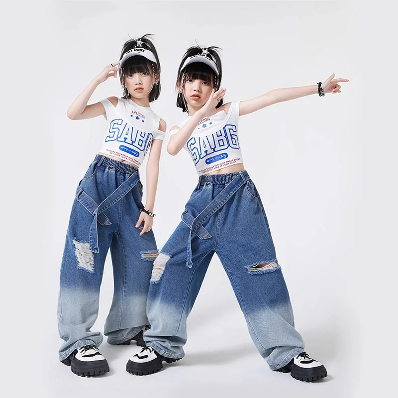 Kid Hip Hop Clothing White Double Shoulder Crop Tank Top Denim Blue Strap Ripped Jeans Pants for Girl Jazz Dance Costume Clothes