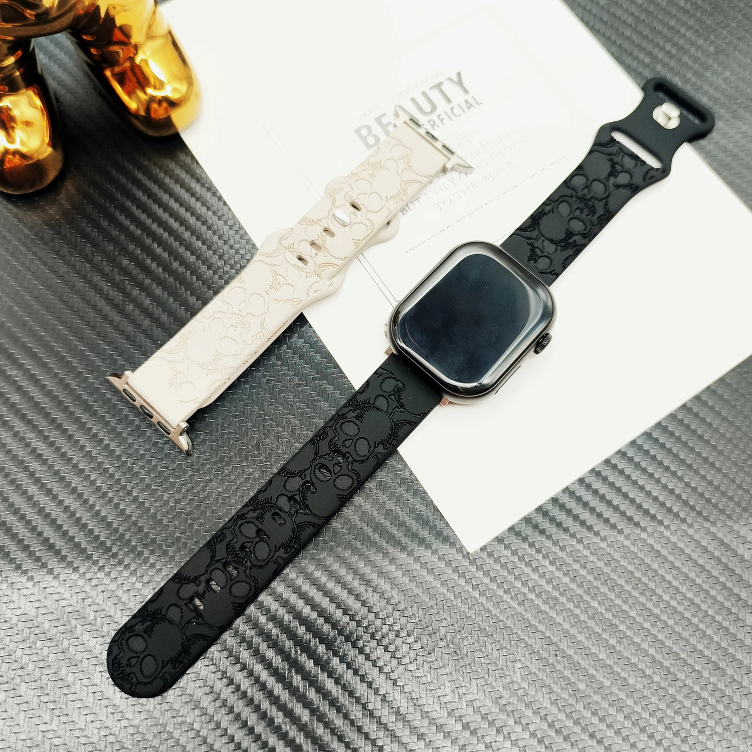Carved Skull Silicone Strap for Apple Watch Ultra 49 46 45 44-38mm Personalized Unique Strap for IWatch Full Series S12 11 10 9