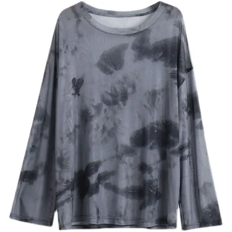 2026 Korean Tie Dye Sheer Mesh Long Sleeve T Shirt Women Loose Fit Trendy Sun Protection Lightweight Layering Top - view 5