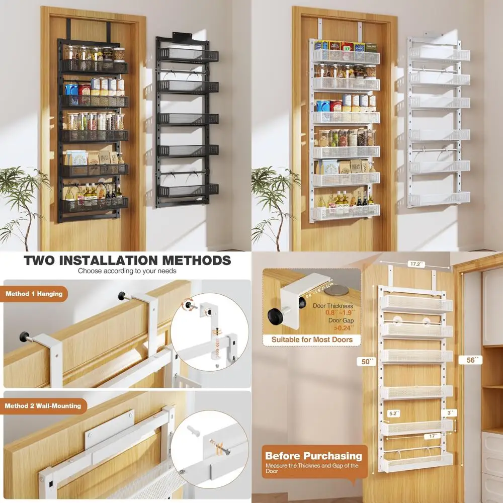 

Large 5-Tier Heavy-Duty Metal Over-the-Door Pantry Organizer with Wall or Hanging Mounting Options