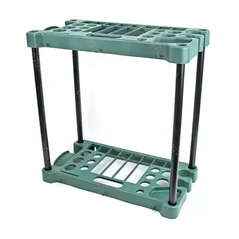 Garden tools with wheels, green storage rack, finishing spade, mop, hanging rack