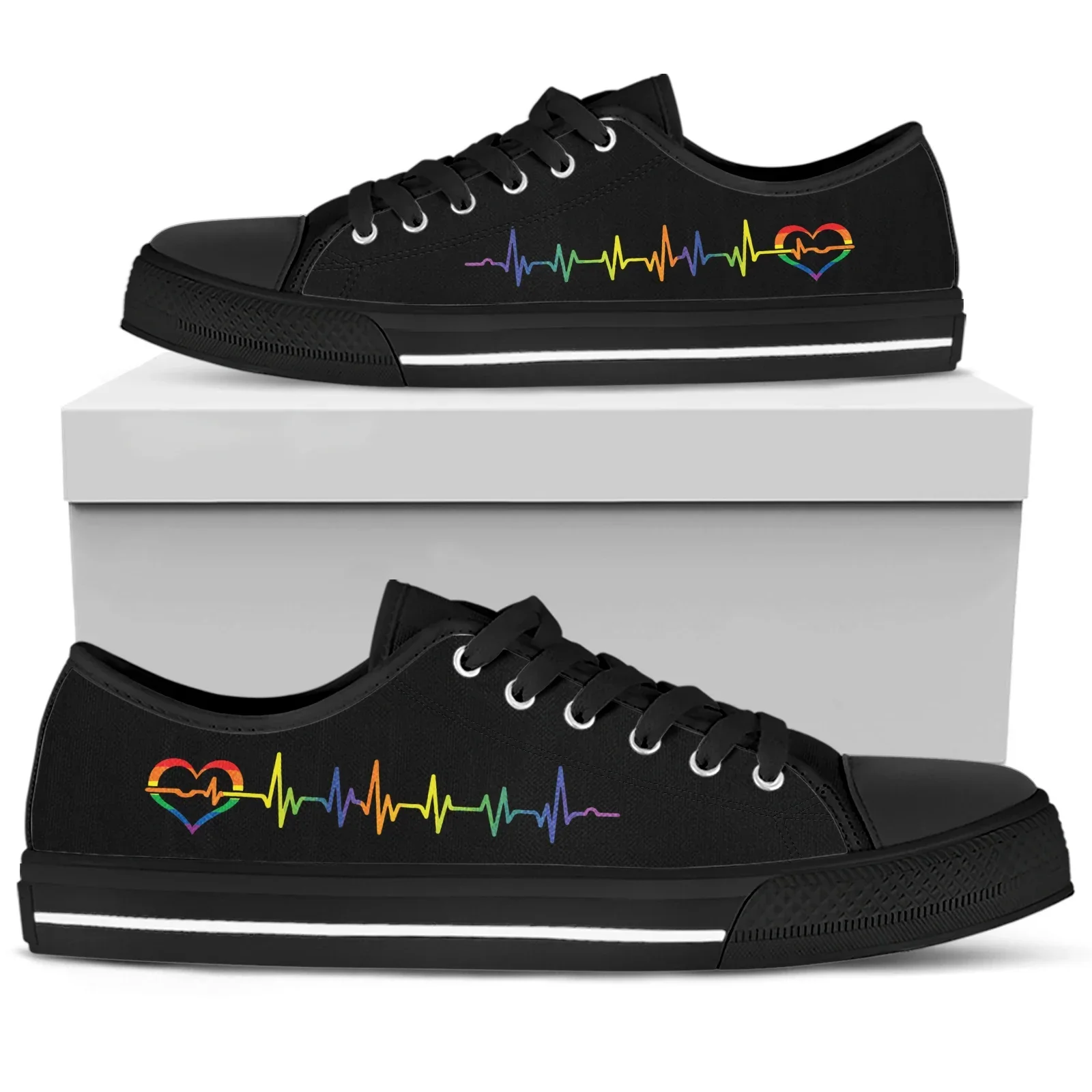 Lgbt Pride Heartbeat Black Vrouwen Canvas Lage Top Gevulkaniseerde Sneakers Regenboog Veterschoenen Zapatos Mujer Designer