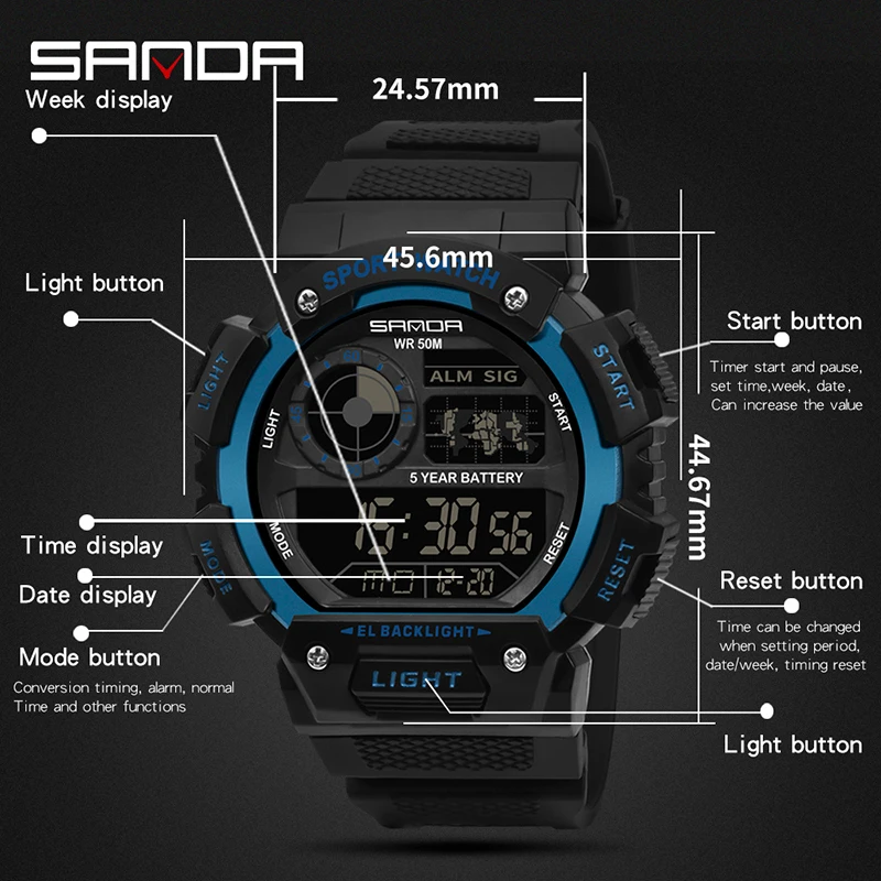 SANDA Top Brand Classical Style Men Digital Watch Military Sports Watches Fashion Waterproof Electronic Wristwatch Shockproof