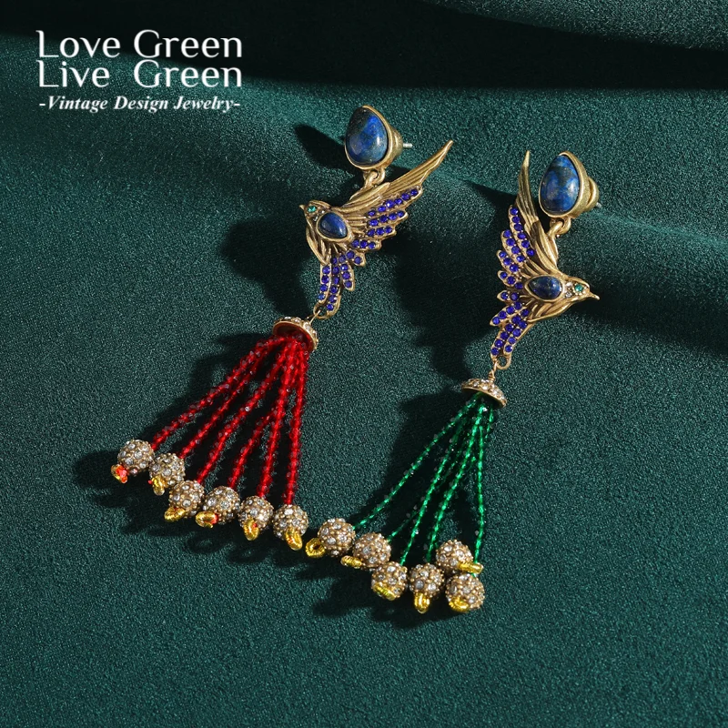

Vintage Bead Tassel Drop Earrings Rhinestones Red Green Agate Colorful For Woman Phoenix Asymmetric Jewelry Luxury Designer 2025