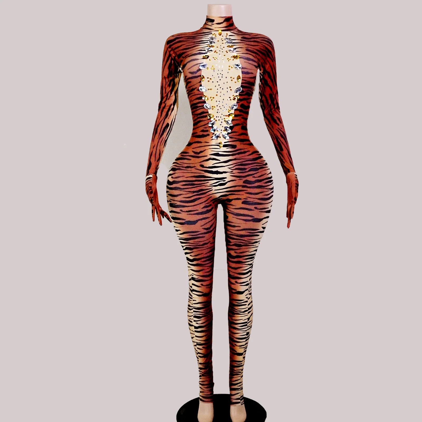 

Drag Queens Costume Sexy Crystal Brown Tiger Jumpsuits Pattern Printed Party Carnival Stage Performance Outfit Festival Birthday
