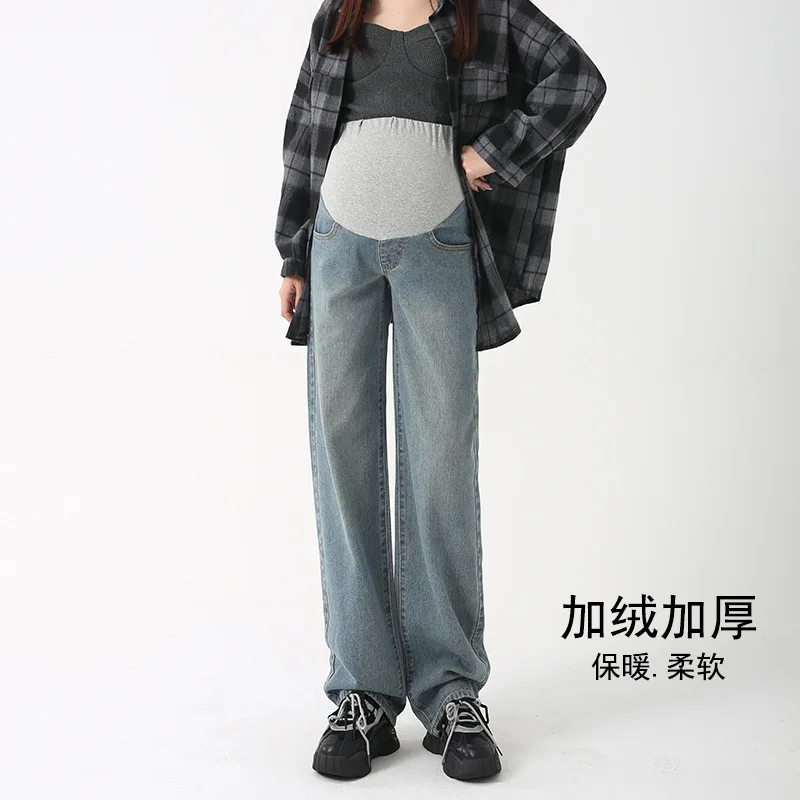 

Loose Straight High Waist Support Belly Fleece Long Pants Autumn Winter American Vintage Casual Washed Denim Jeans for Maternity