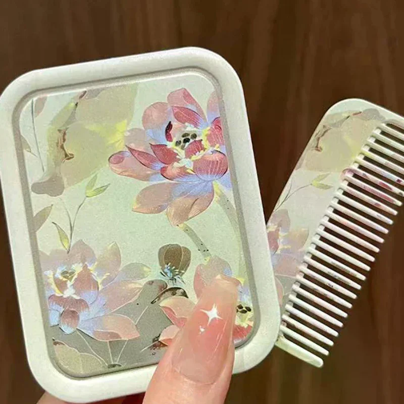 

Lotus Flip-Top Folding Makeup Mirror Portable Pocket Mirror Rectangle Cosmetic Mirror With Comb For Women Girls Outdoor