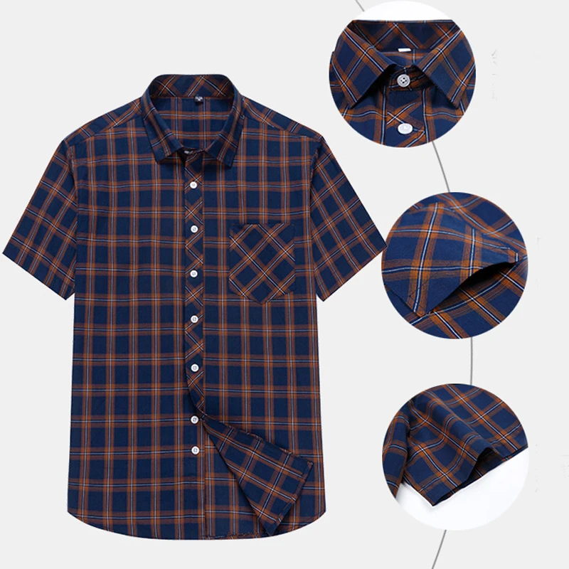 Plus Size 8XL 7XL New Men\'s Shirts Short Sleeve Cotton Plaid Shirt Formal Fashion Thin Soft Classic Basic Casual Male Clothing