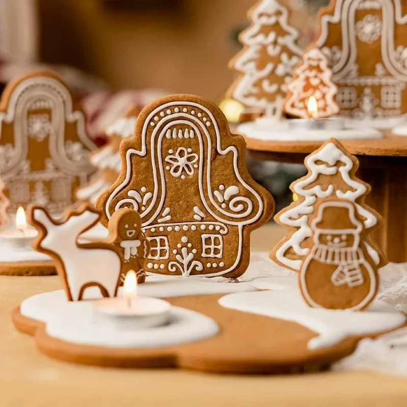 8Pcs/set 3D Christmas Cabin Cookie Cutter Cartoon Gingerbread House Fondant Biscuit Mold New Year Cake Decor Baking Supplies