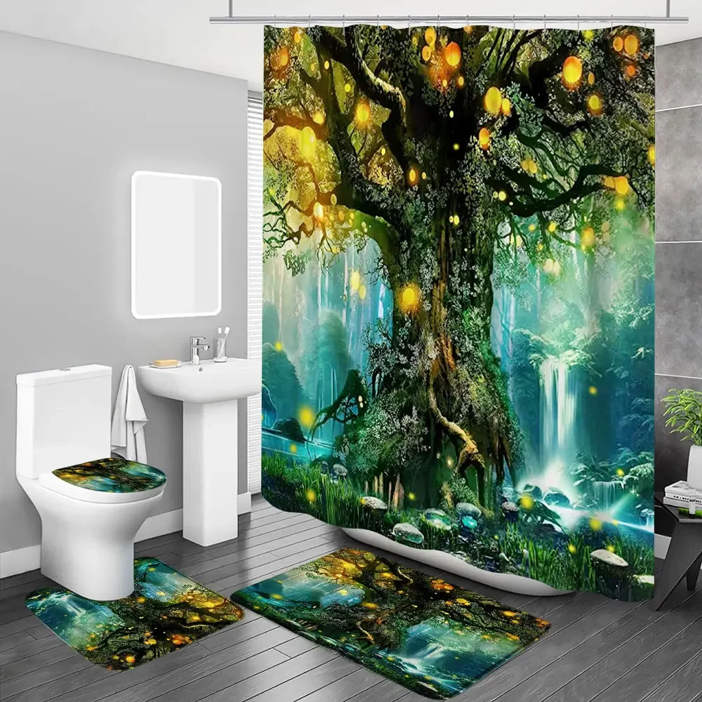 Mushroom Butterfly Flower Shower Curtain Moon Stars Bathroom Curtain Set with Hooks Fabric Washable Bath Curtains Bathroom Decor