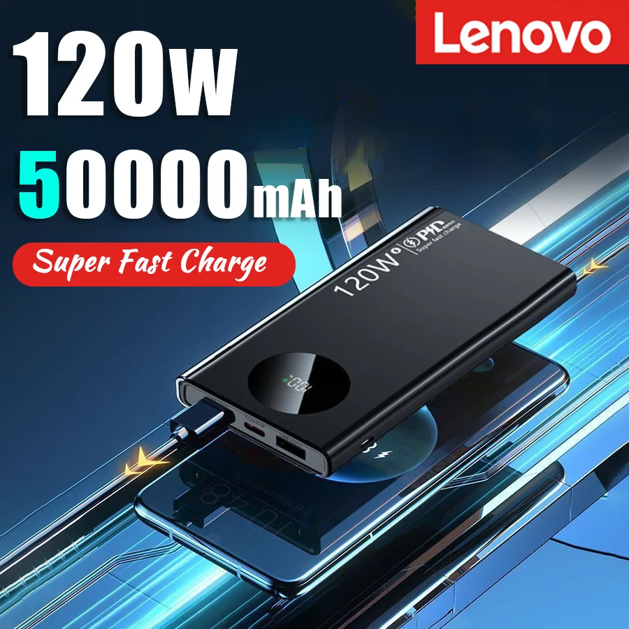 Lenovo 120W Fast Charging Powerbank 50000mAh High Capacity Power Bank Portable Battery Charger For iPhone Samsung Huawei NEW