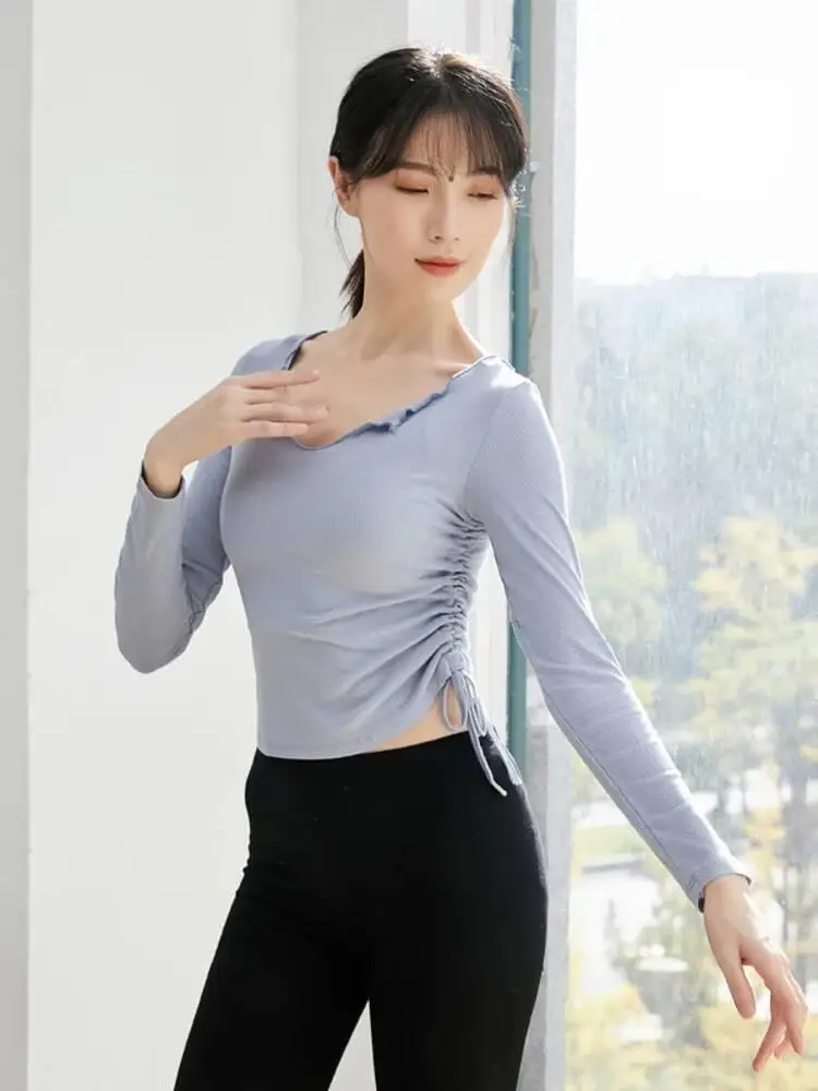 Damen-Top für modernen Tanz, schmal geschnitten, mit verstellbarem Kordelzug, schlichtes Langarmshirt für das zeitgenössische Jazz-Bühnenübungen