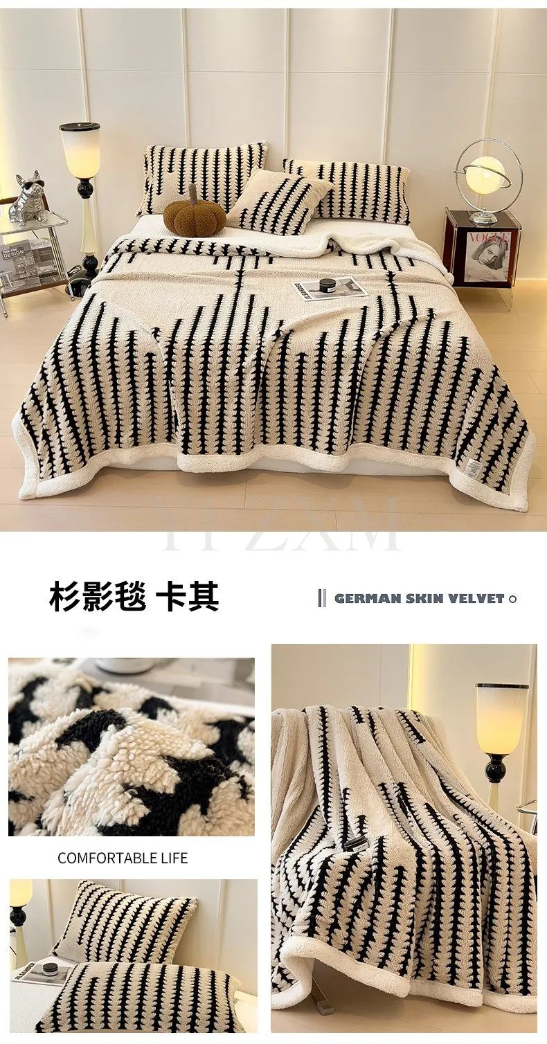 Double Layer Fleece Warm Winter Blanket Striped Thick Plush Blanket for Single Double Bed Multipurpose Sofa Throw Blanket Autumn