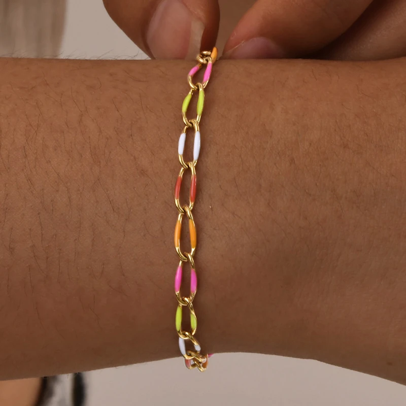 Bohemia Colorful Enamel Twisted Chain Bracelet For Women 18K Gold Plated Geometric Oval Bracelet Luxury Aesthetic Jewelry Gifts
