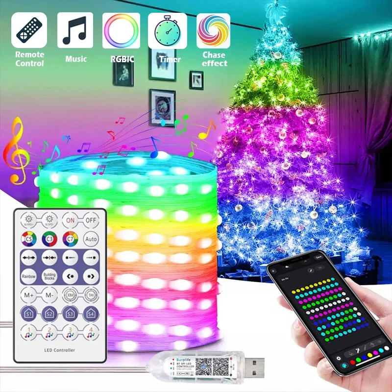 WS2812B Led String Christmas Tree Lights 5m/10m BT Music App Control RGBIC Dreamcolor Addressable Party Decoration USB DC5V