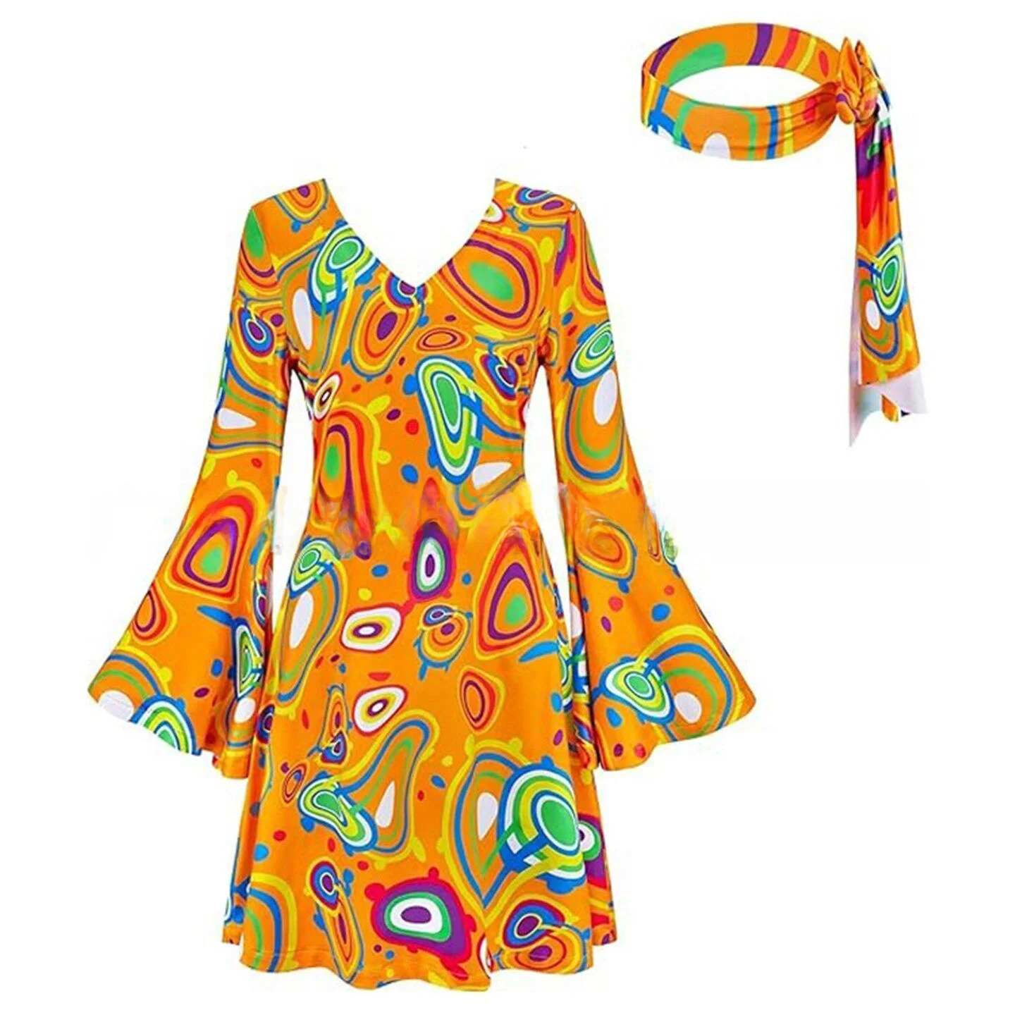 Disfraz de Halloween para mujer, estilo hippie de los años 70, conjunto de dos piezas con pañuelo para la cabeza, falda vintage de cintura alta y corte en A, manga larga