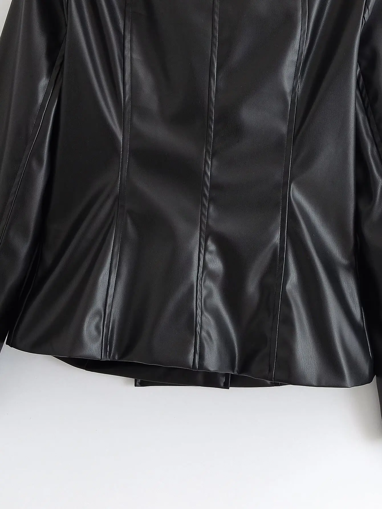 Women Stand Up Collar PU Jacket Chic Metal Buckle Faux Leather Black Jacket Leisure Double Breasted Long Sleeves Autumn Outfit