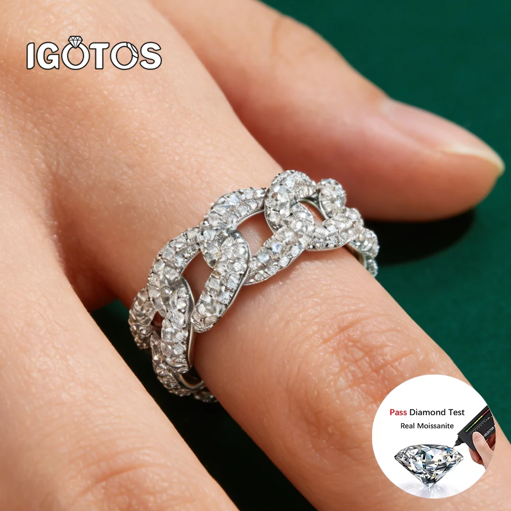 

1.2mm Full Moissanite Cuban Link Chain Ring Diamond Paved Hip Hop Band for Men Women Sparkling 925 Sterling Silver Jewelry Gifts