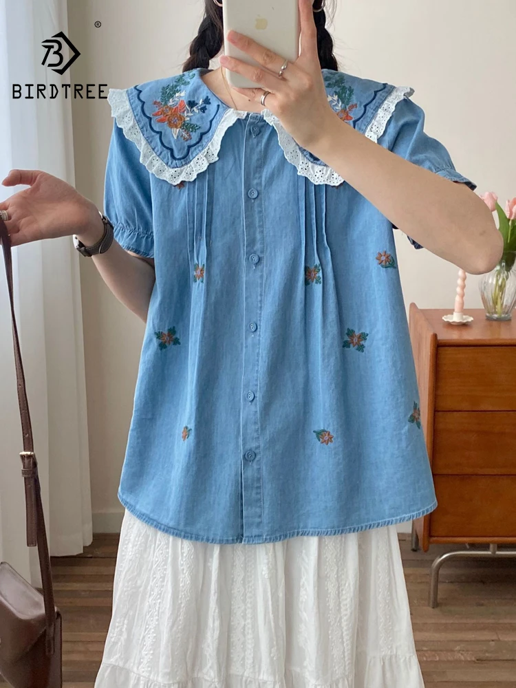 

New 2026 Summer Women Denim Short Sleeve Shirt, Peter Pan Collar Embroidery, Mori Girl French Sweet Lace Loose Blouse T64423CC