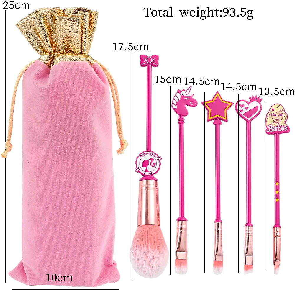 Barbie Princess Makeup Brushes, Cosmetic, Foundation, Powder, Blush, Eyeshadow, Kabuki, Blending, Beauty Tools, 5Pcs