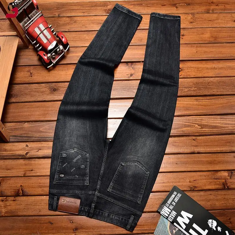 Men's Light Luxury Jeans Trendy Korean Style Fashion Printed Autumn Winter Stretch Loose Straight Long Pants