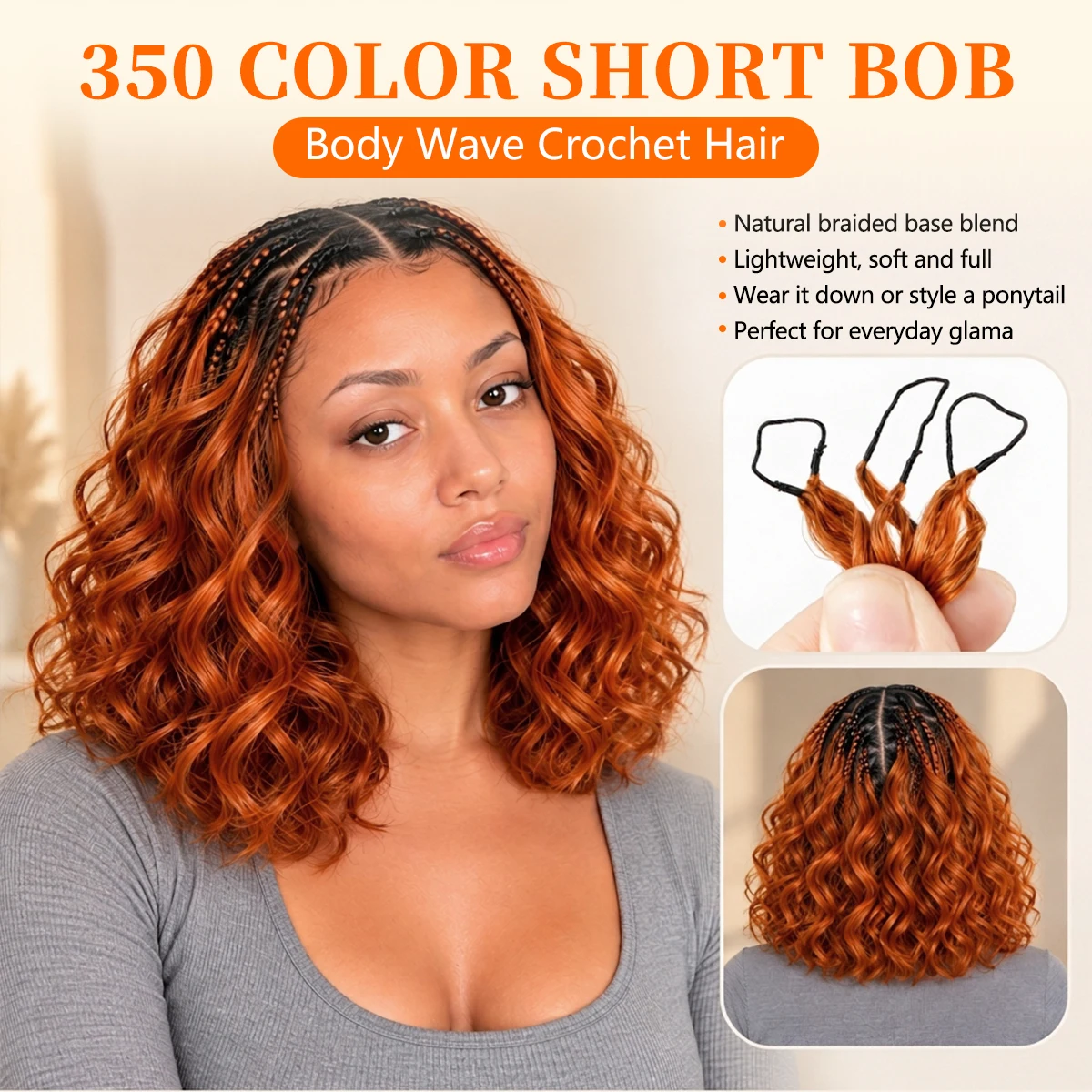 Body Wave Ginger Copper Miracle Knot Human Crochet Hair Feather Knotless Boho Braiding Hair Pre Separated Short Length Soft Lightweight Natural Looking Human Hair Extensions For Women Protective Styles