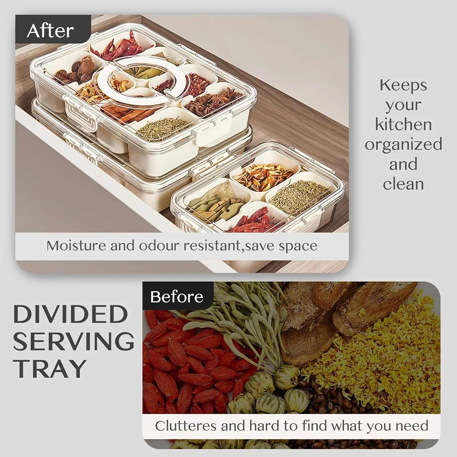 1/2 مجموعة حاوية علب الوجبات الخفيفة، صندوق الوجبات الخفيفة المحمول 8 مقصورات صينية تقديم مقسمة مع غطاء، منظم تخزين شفاف