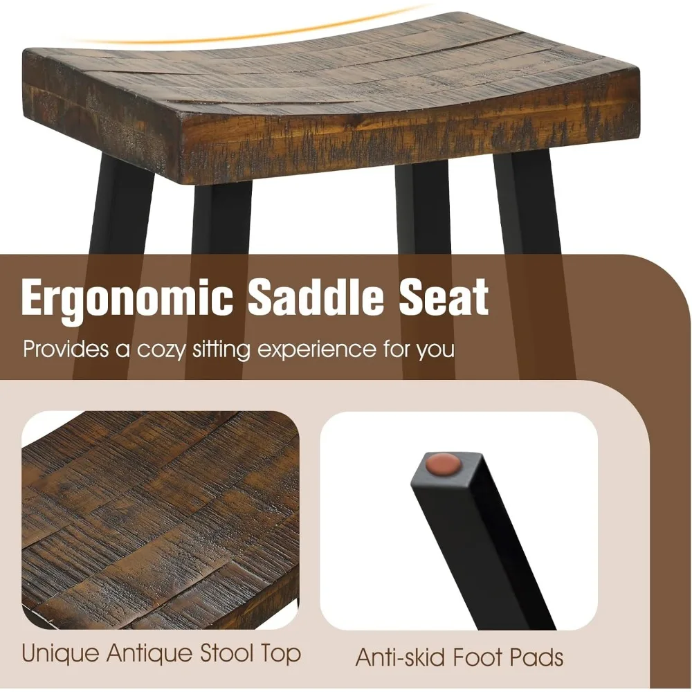 Set of 2, 29 Saddle Bar Stools, Backless Chairs with Rubber Wood Frame & Footrest