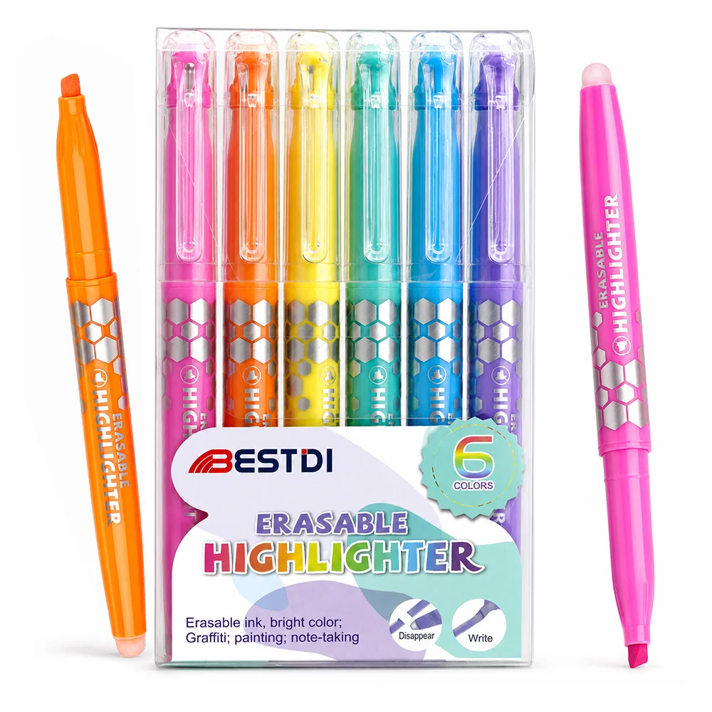 6 Colors Erasable Highlighter Chisel Tip Quick Dry Wipeable Ink Fluorescence Markers Notebook Journal Office Stationery Supplies