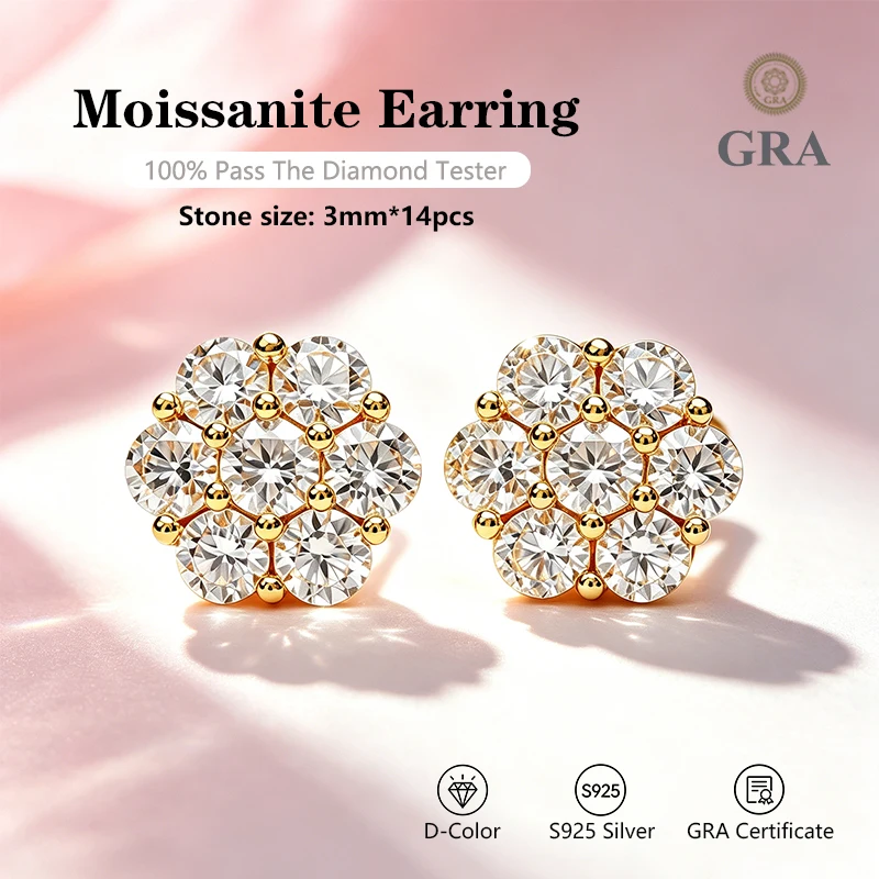 Flower Moissanite Earrings D Color VVS1 1.4 Carat Studs S925 Sterling Silver Ladies Party Engagement Boutique Jewelry Gift