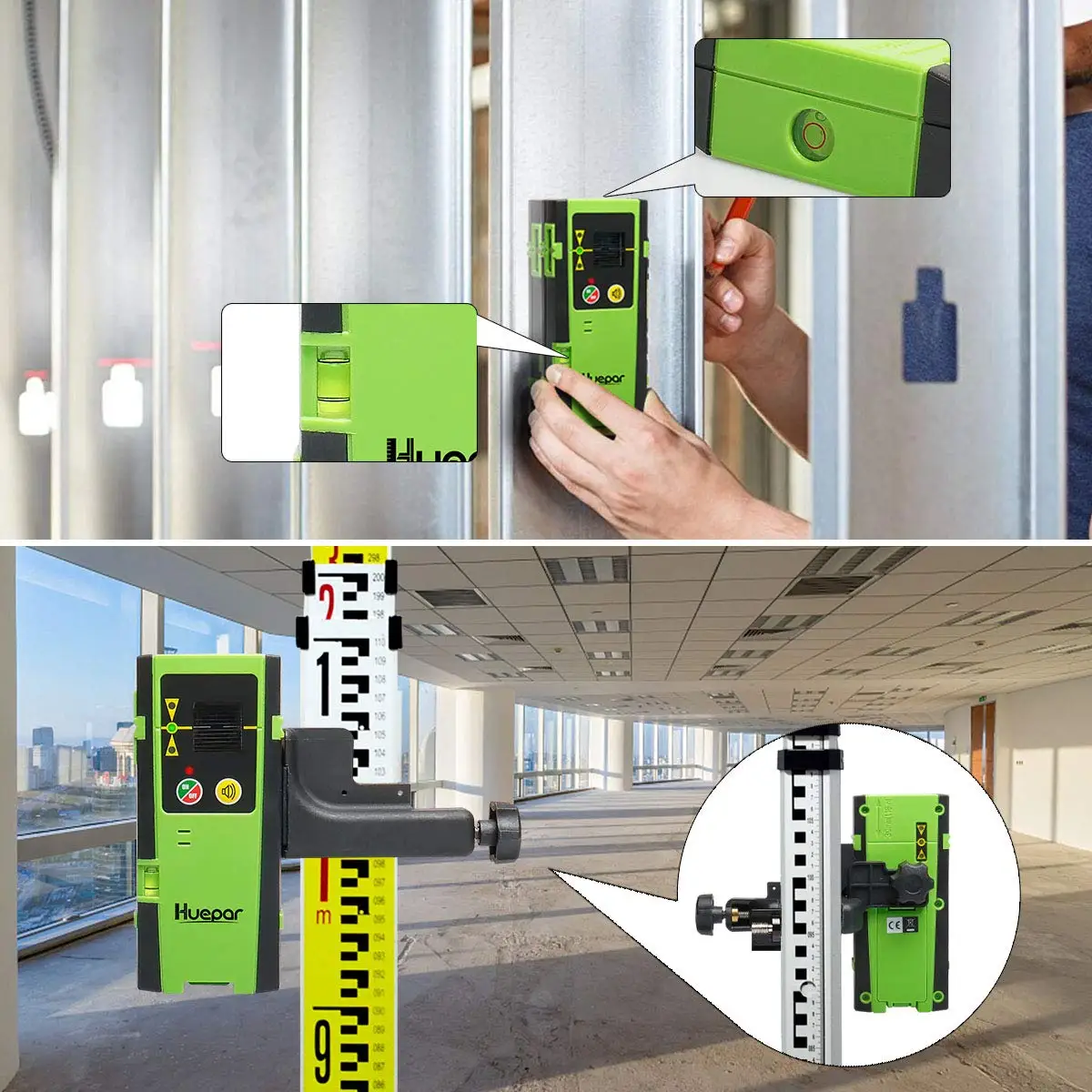 Huepar Digital Laser Detector for Pulsing Line Lasers Up to 200ft,,LED Displays,Red and Green Beams Laser Level Receiver