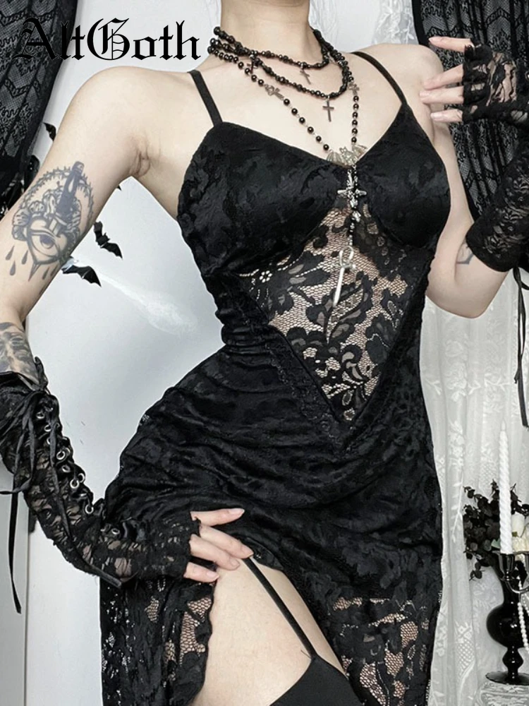 

AltGoth Dark Goth Fairycore Grunge Lace Dress Women Aesthetic Elegant Hotsweet Halloween See Through Spaghetti Strap Party Dress
