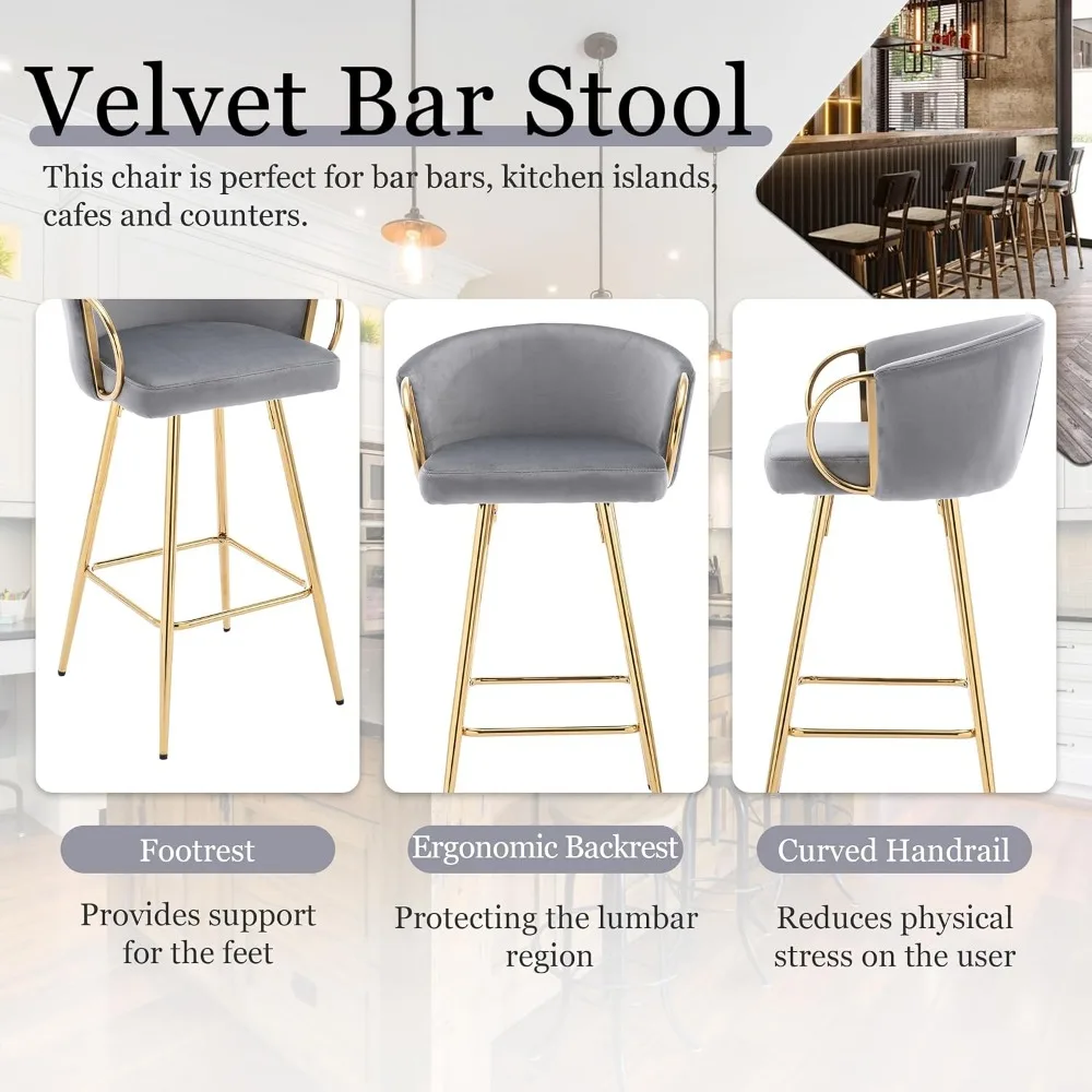 Velvet Bar Stools,Upholstered Kitchen Island Stools with Gold Legs,Modern Counter Height Bar Stools for Dinning RoomCafeHome Bar