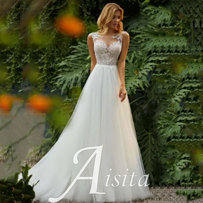 

A-Line Wedding Dress Lace Sheer Back Appliqué Wedding Dress customized 2024 Modest Sleeveless Beach Vestidos De Mariee