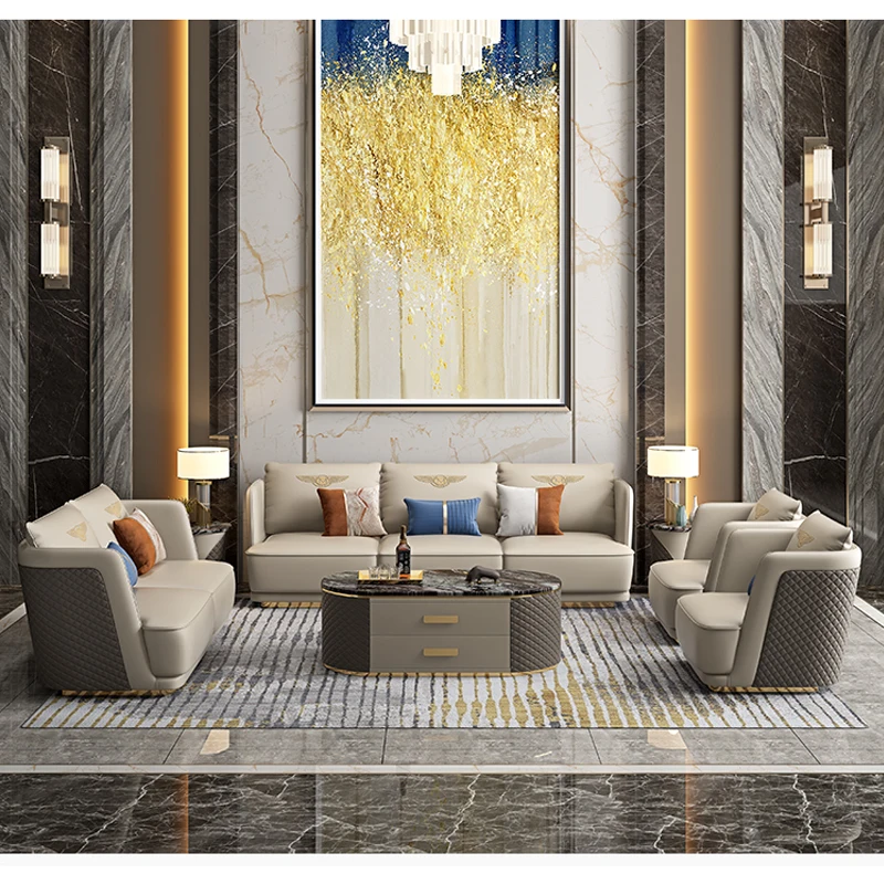Luxury Furniture Corner Couch One Two Three Sofa Italian Modern Villa Living Room Leather Sofa Set